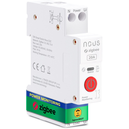 NOUS D2Z DIN-sín kompatibilis Tuya Zigbee fogyasztásmérős relémodul 20A (NOU-REL-D2Z-TUYA-ZB)